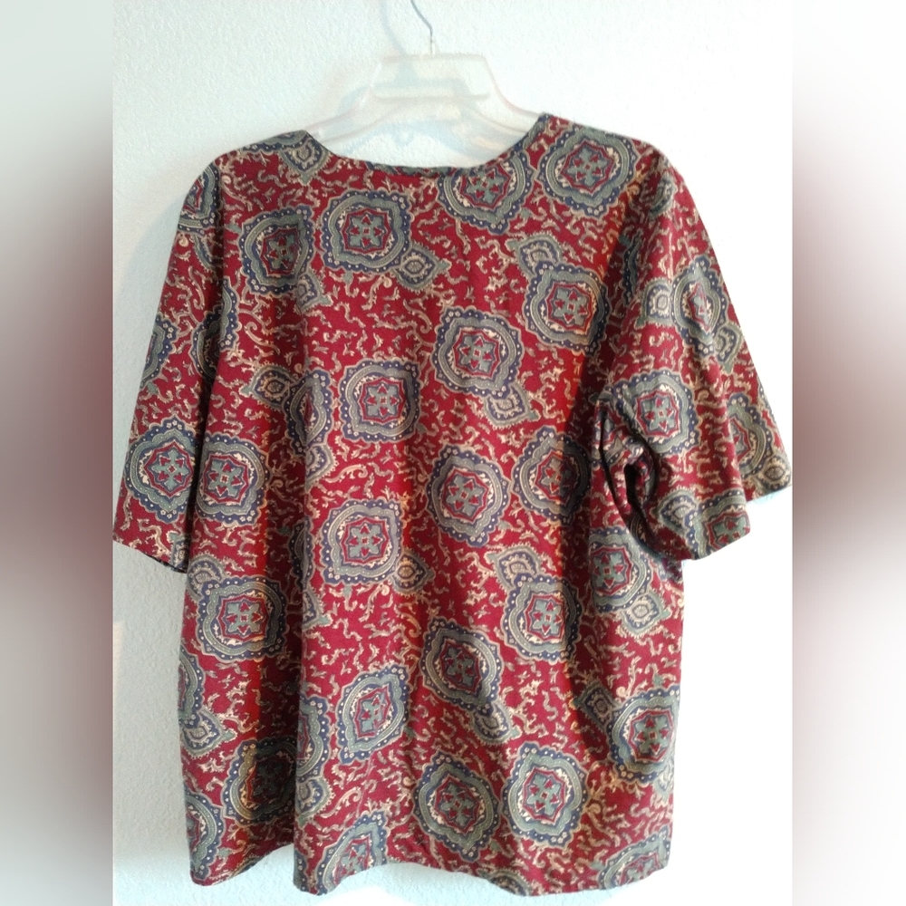 Vintage Essentials Worthington Woman Blouse Shirt Short Sleeve Red Beige 20W - Picture 5 of 6
